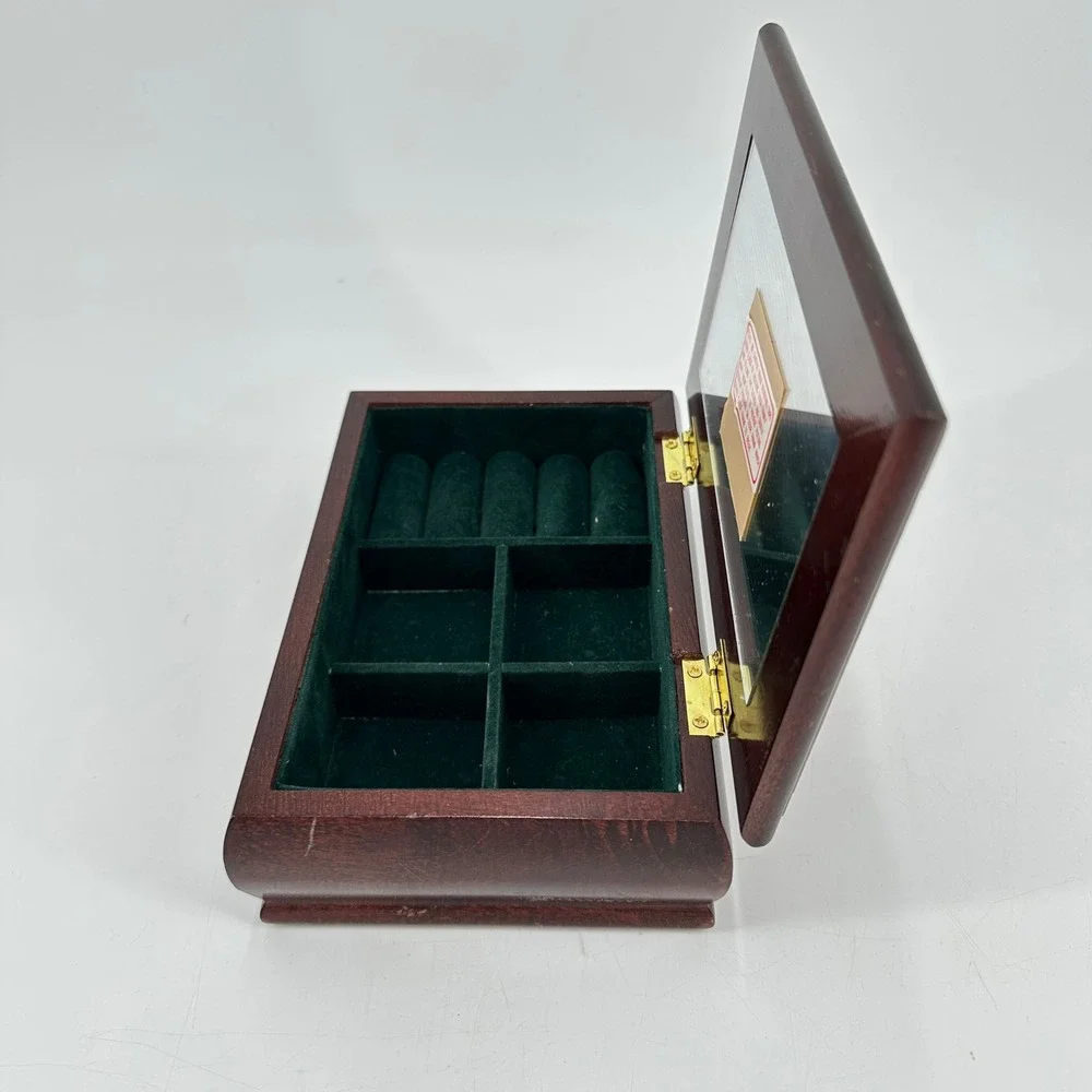 Vintage Floral Tapestry Wooden Jewelry Box Green‎ Velvet Lining Mirror Ring Roll
